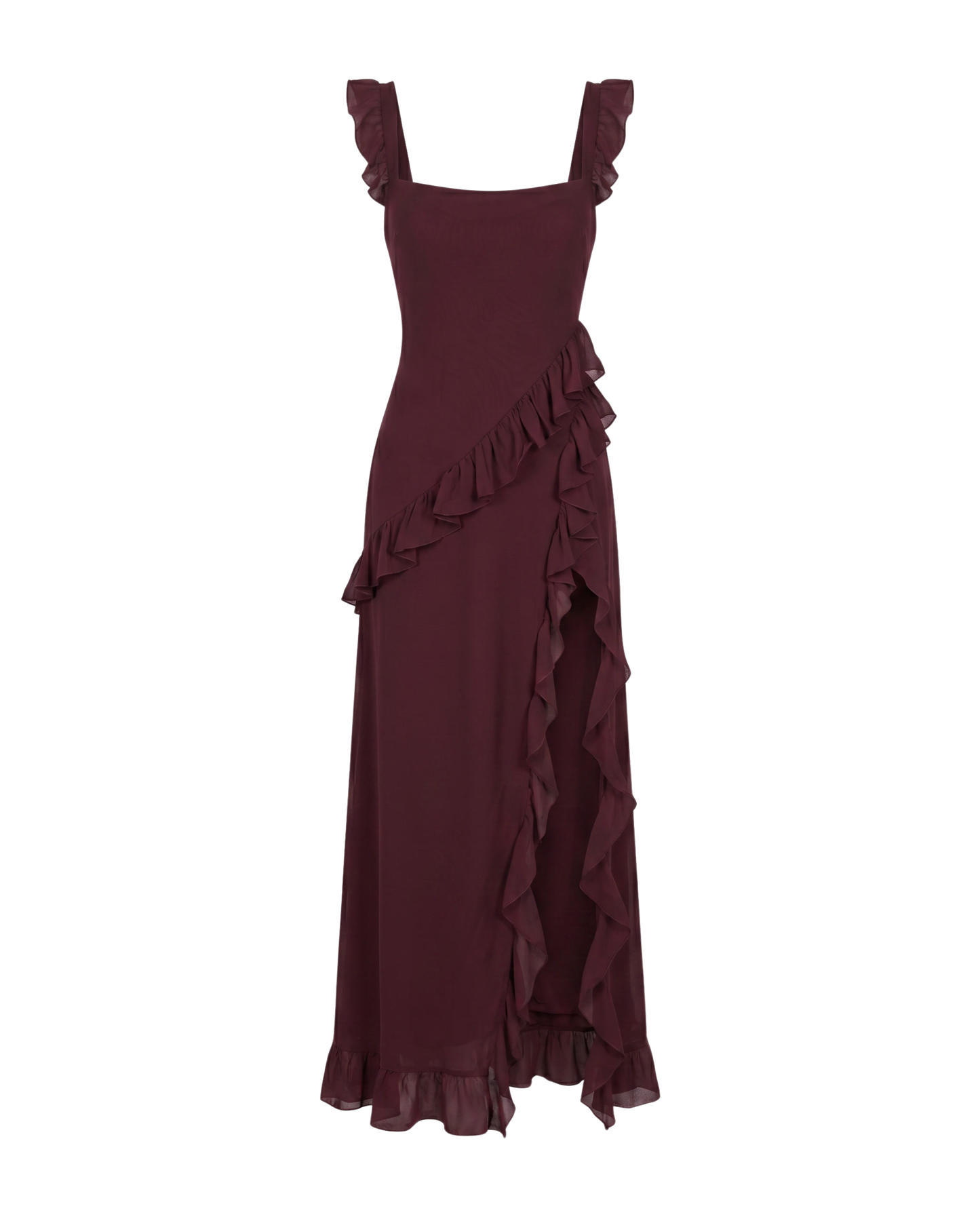 Vestido Largo con Volantes y Abertura Lateral