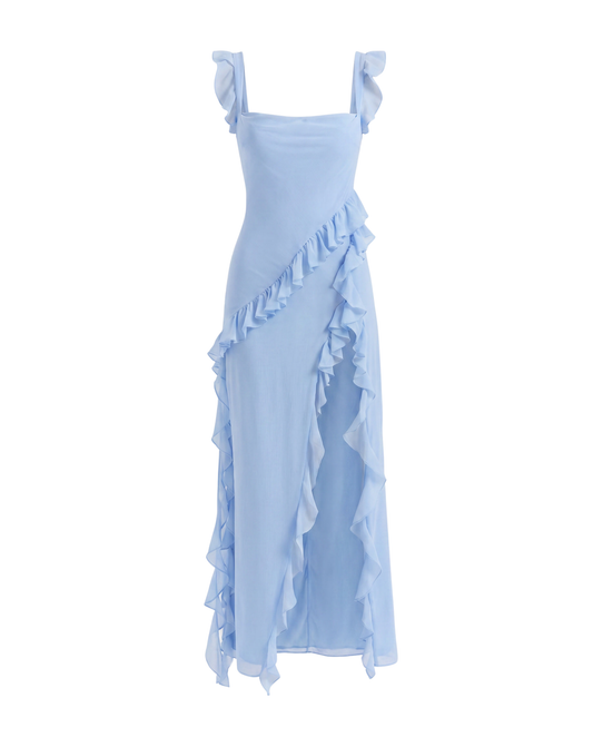 Vestido Largo con Volantes y Abertura Lateral