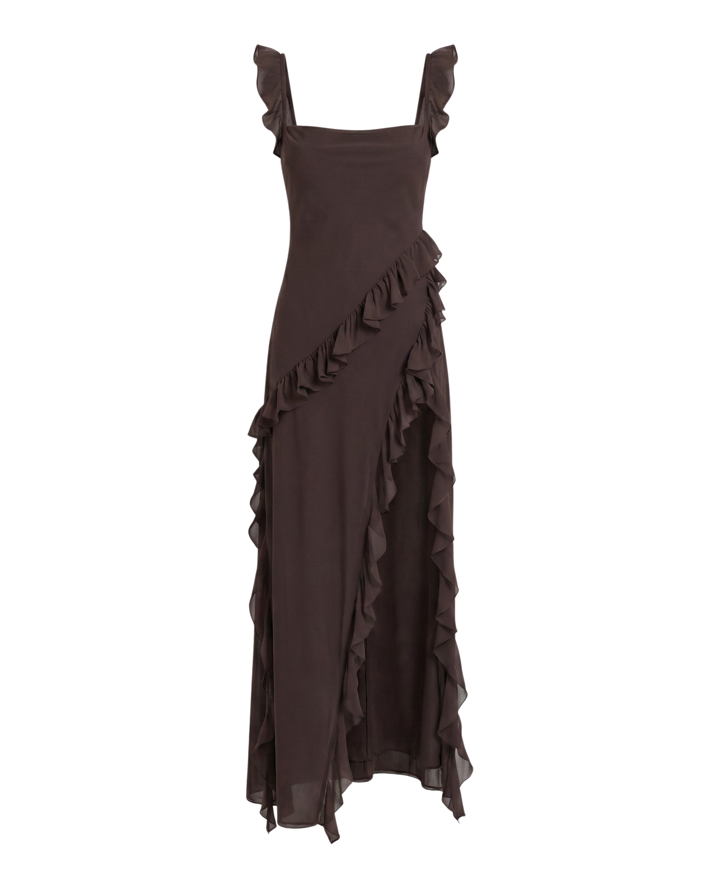 Vestido Largo con Volantes y Abertura Lateral