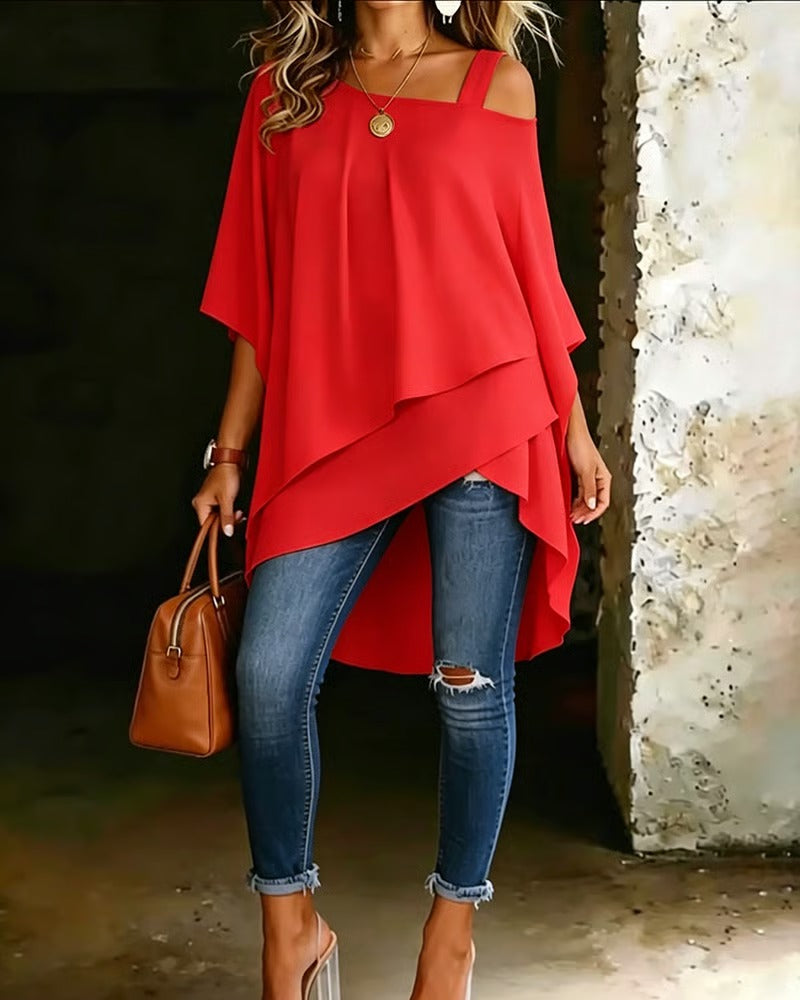 BIBIAN - Blusa asimétrica con hombros al aire, lisa y de estilo informal