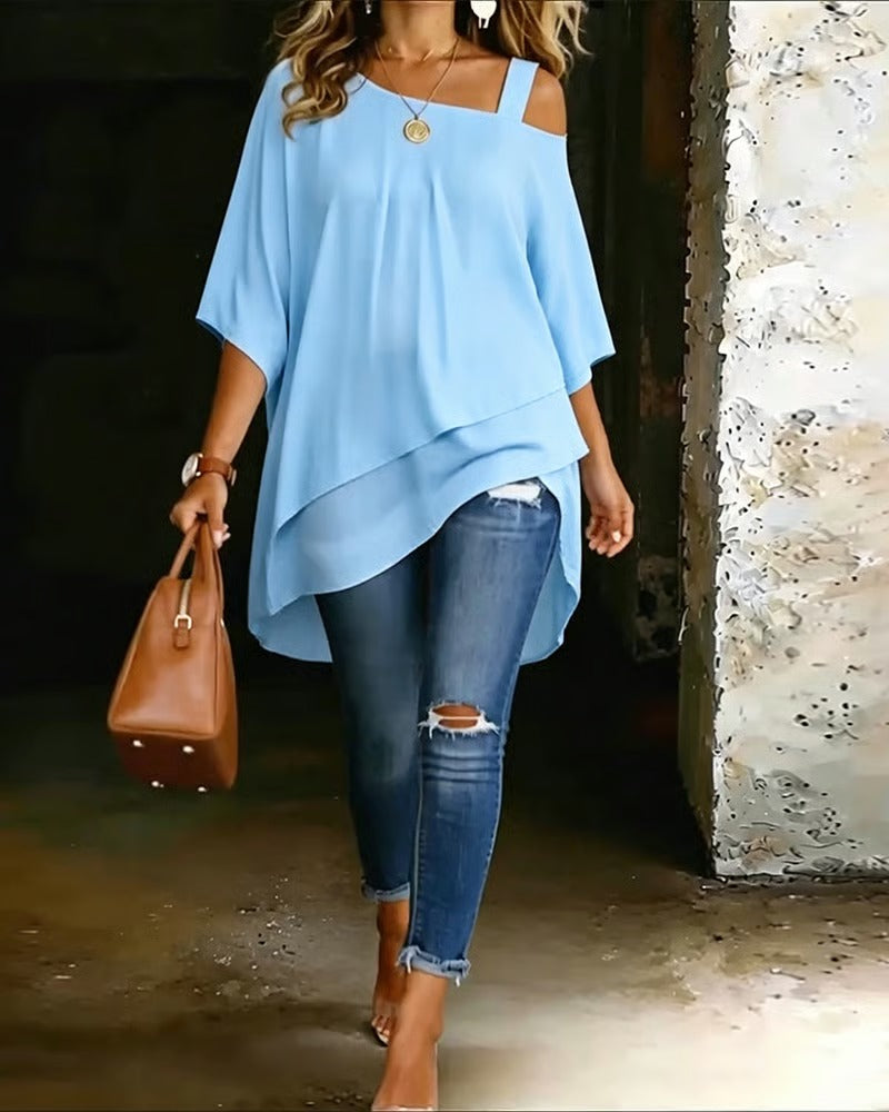BIBIAN - Blusa asimétrica con hombros al aire, lisa y de estilo informal