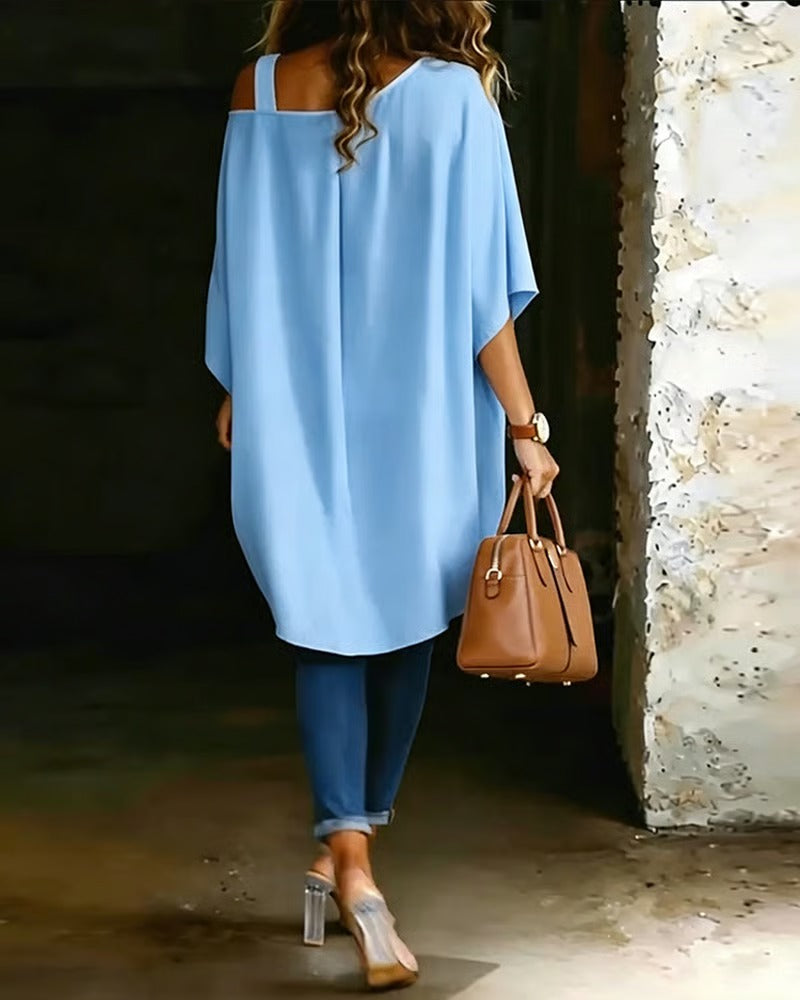 BIBIAN - Blusa asimétrica con hombros al aire, lisa y de estilo informal