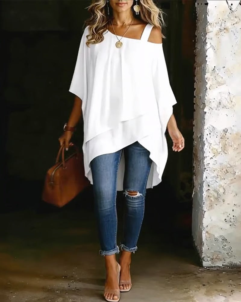 BIBIAN - Blusa asimétrica con hombros al aire, lisa y de estilo informal