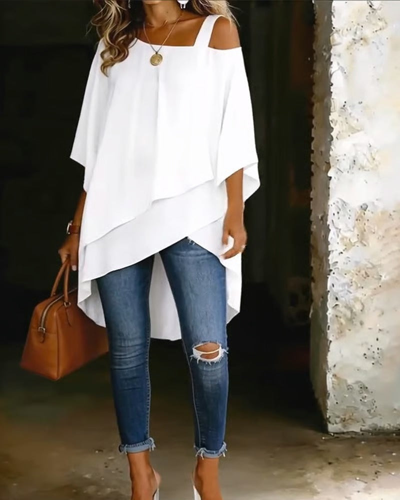 BIBIAN - Blusa asimétrica con hombros al aire, lisa y de estilo informal